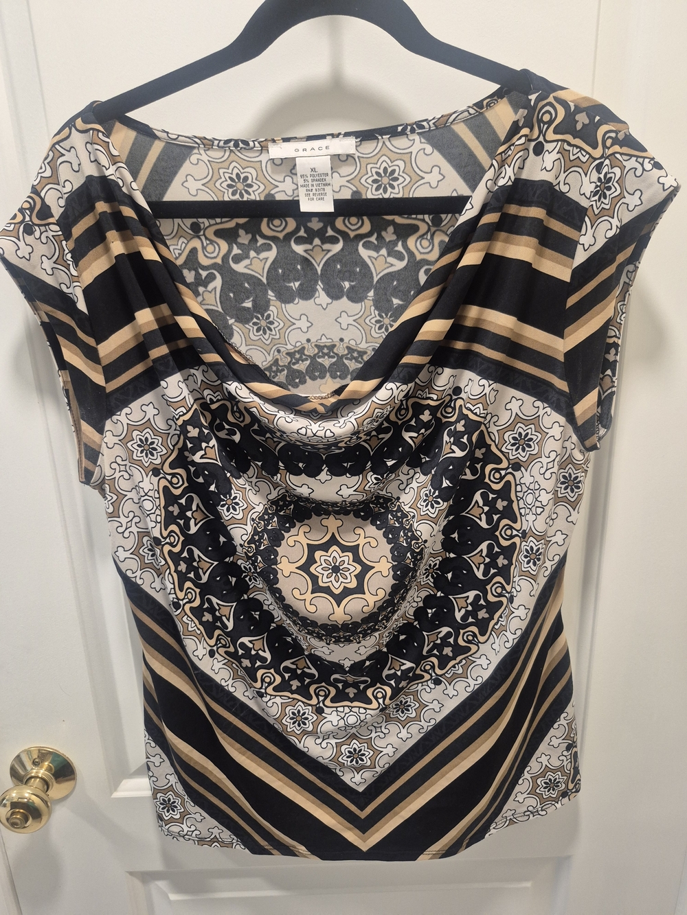 Grace Drape Neck Geometric Print Women's Top in Black and Tan